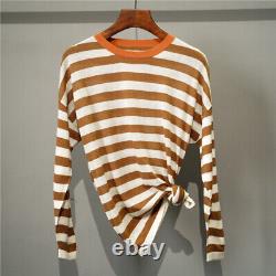 100% Wool Striped Long Sleeve Top, Contrast Color Round Neck Stripy Top 3 Colors