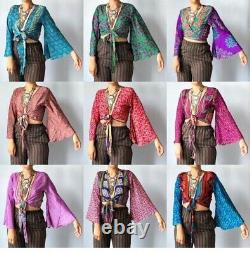10 Pcs lot of Indian Vintage Silk Sari Bell Sleeve Crop Top Retro 60s Clothing