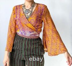 10 Pcs lot of Indian Vintage Silk Sari Bell Sleeve Crop Top Retro 60s Clothing