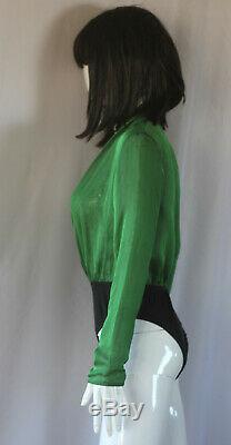 $1250 Gucci Green Black Silk Long Sleeve Blouse Top Body Bodysuit Small S