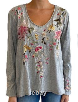 $160 Johnny Was Sz Small Mei Embroidered Long Sleeve Grey Tee Shirt Top New