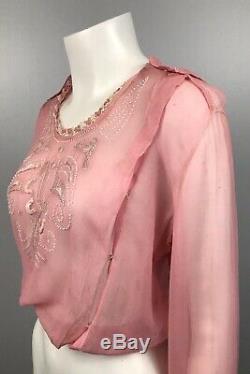 1920s Blouse Top / Pink Silk Beaded Sheer Embroidery Crop Top Long Sleeve / XS