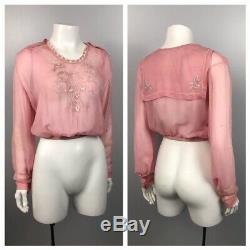 1920s Blouse Top / Pink Silk Beaded Sheer Embroidery Crop Top Long Sleeve / XS