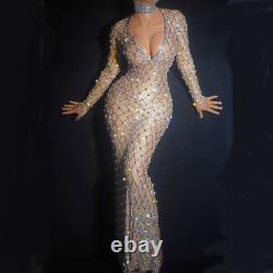 2022 Crystal Deep V Sexy Mesh Long Sleeve Long Dress Ladies Stage Costume