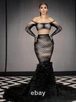 2022 Fashion Black Dress Lace Rhinestone Sexy See-through Strapless Dress Top