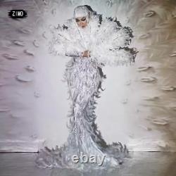 2022 Fashion shiny white feather dress Sexy big tail stage performance dress