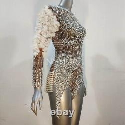 2022 Rhinestone Flower Sleeve Bodysuit Women's Party Show Costume