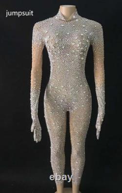 2022 Silver rhinestone jumpsuit transparent mesh stone bodysuit dance costume