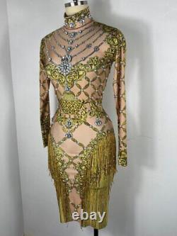 2022 Tassel Crystal Long Sleeve Dress Rhinestone Stage Costume Female