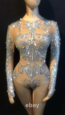 2022 Women Sexy Silver Rhinestone Bodysuit Women Stage Costume Top Hot