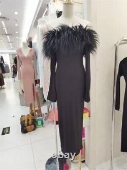 2023 Feather Off Shoulder Top Women's Autumn Long Sleeve Mid length Dress