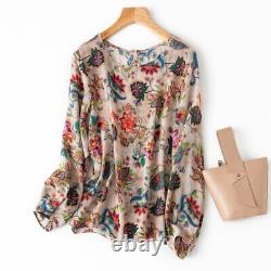 2023 Women's 100% mulberry silk round neck printed long sleeved shirt top