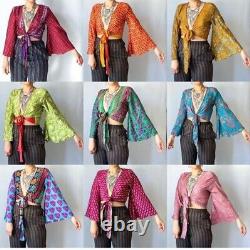 20 Pcs lot of Indian Vintage Silk Sari Bell Sleeve Crop Top Retro 60s Clothing