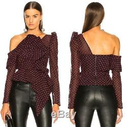 $330 Self-Portrait Plumetis Dot Frill Long Sleeves Top, Navy/Red, US 4