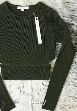 $550 Jonathan Simkhai Longsleeve Cutout Rib-knit Crop Top, Sz S Olive Green