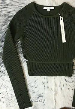 $550 Jonathan Simkhai Longsleeve Cutout Rib-knit Crop Top, Sz S Olive Green