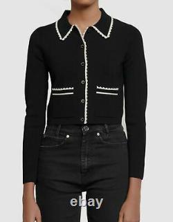 $659 Sandro Women's Black Long-Sleeve Cardigan Slim Trim Crop Top Sweater Size S