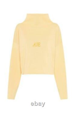 AJE Overture Crepe Knit Crop Top Yellow Tangerine Embroider Logo RRP $255 Size S