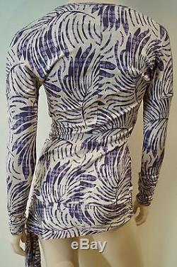 AMANDA WAKELEY Cream Purple Lilac 100% Silk V Neck Long Sleeve Wrap Tie Top UK8