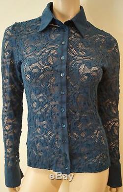 ANNE FONTAINE Blue Floral Lace Collared Long Sleeve Evening Blouse Top FR42 14