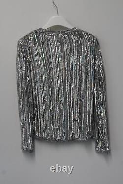 ASHISH Ladies Silver Long Sleeve Rear Zip Metallic Sequins Top Blouse XS NEW