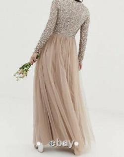 ASOS Maya petite long sleeve sequin top maxi tulle dress-Taupe blush UK 12 Eid