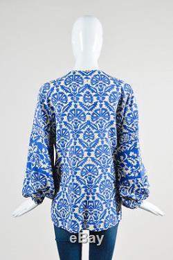 Andrew Gn NWT $1890 Royal Blue Cream Silk Floral Long Sleeve Tunic Top SZ 38