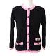 Auth Chanel Cc Long Sleeve Cardigan Tops Black Pink 100% Cashmere #38 Ak33888