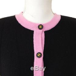 Auth CHANEL CC Long Sleeve Cardigan Tops Black Pink 100% Cashmere #38 AK33888