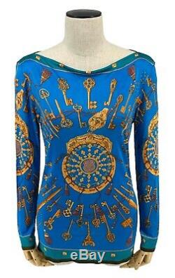 Authentic HERMES Long Sleeve Boat Neck Tops #38 Rayon Blue Gold Rank AB