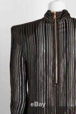 BALMAIN Black Gold Sheer Striped Print Silk Keyhole Long Sleeve Blouse Top 42/10