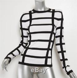 BALMAIN White Black CAGE Stretch Bandage Zipper-Back Long Sleeve Fitted Top 6-38
