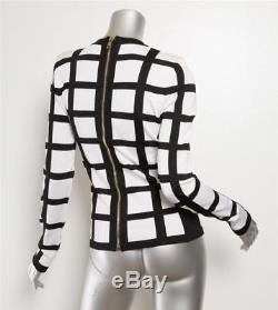 BALMAIN White Black CAGE Stretch Bandage Zipper-Back Long Sleeve Fitted Top 6-38