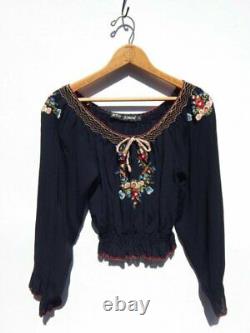 BETSEY JOHNSON Vintage Black Crepe Embroidered Mexican Bella Peasant Top P