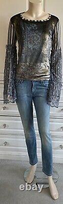 BNWOT SAVE THE QUEEN grey & gold shades top with lace on long sleeves UK10-12