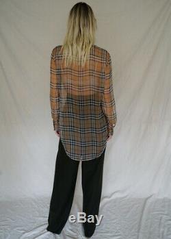 BURBERRY NEW $1000 Beige Plaid Nova Check Silk Sheer Long Sleeve Blouse Top 4/38