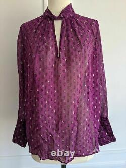 Ba&sh Cabri Printed Keyhole Silk Chiffon Long-Sleeve Top in Purple Small