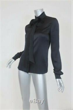 Balenciaga Tie Neck Blouse Black Silk Satin Size 36 Long Sleeve Top
