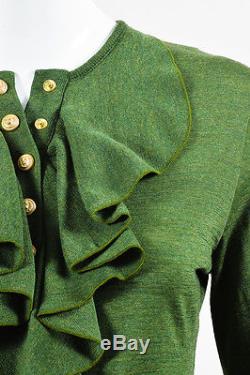 Balmain NWT $780 Olive Green Wool Knit Ruffle Button Down Long Sleeve Top SZ 38