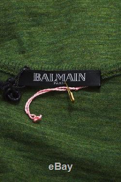 Balmain NWT $780 Olive Green Wool Knit Ruffle Button Down Long Sleeve Top SZ 38