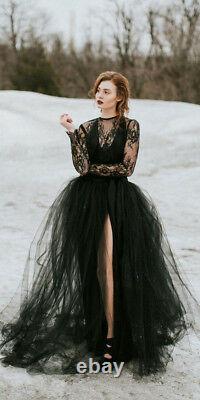 Black Lace Tulle Gothic Wedding Dresses Sexy Sheer Top Slit Skirt Bridal Gowns