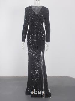 Black Long Sleeve Evening Gown Sequined Stretch Velvet V-Neck Mermaid Dress