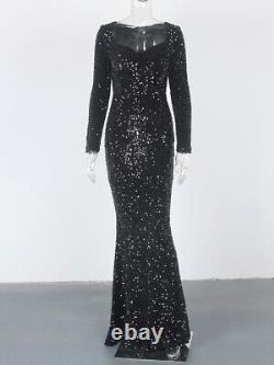 Black Long Sleeve Evening Gown Sequined Stretch Velvet V-Neck Mermaid Dress