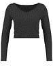 Blue Inc Womens Cropped Top, Black, Ribbed, Cotton, Long Sleeve, Scoop Neck