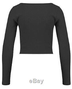 Blue Inc Womens Cropped Top, Black, Ribbed, Cotton, Long Sleeve, Scoop Neck