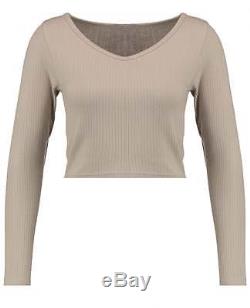 Blue Inc Womens Cropped Top, Grey, Ribbed, Cotton, Long Sleeve, Scoop Neck