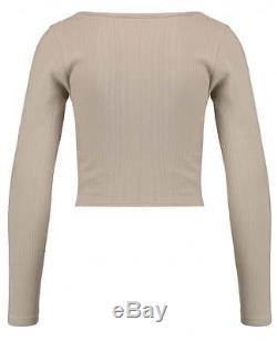 Blue Inc Womens Cropped Top, Grey, Ribbed, Cotton, Long Sleeve, Scoop Neck