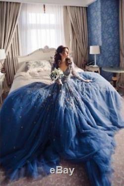 Blue Wedding Dresses Bridal Ball Gowns Custom V Neck Long Sleeve Top Lace Boho