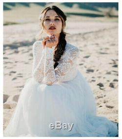 Boho Simple Long Sleeve Wedding Dress Bridal Dress Puffy Tulle Lace Top Plus SZ