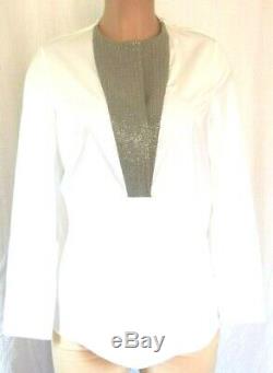 Brunello Cucinelli White Cotton Long Sleeves Silver Beaded Front Top Size XL